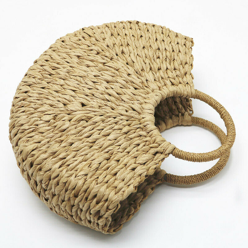 Handmade Beach Bag Round Straw Totes Bag Large Bucket Summer Bags Women Nat F2J7