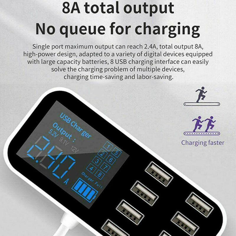 USB Fast Charging Station Hub Car 8-Port Desktop Wall Multi Charger LCD Display