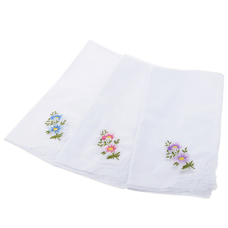12pack Women 100% Cotton Handkerchief Embroidery Lace Hanky Kerchiefs White
