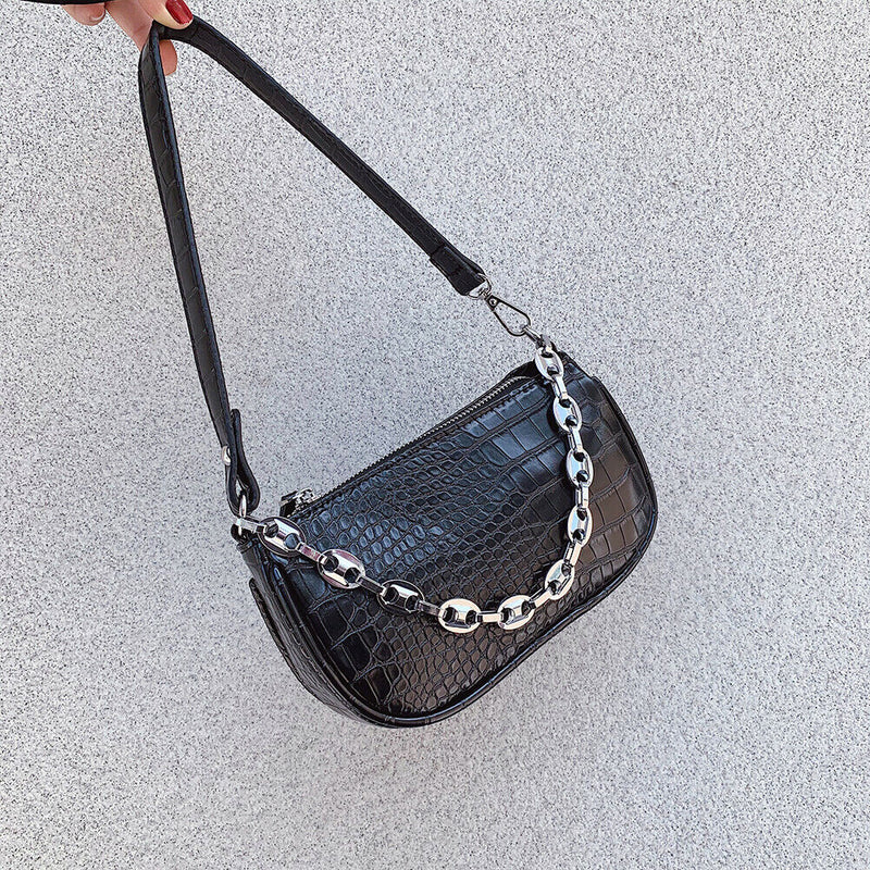 Alligator Pattern Shoulder Totes Bag Women Leather Chain Handbag (Black)