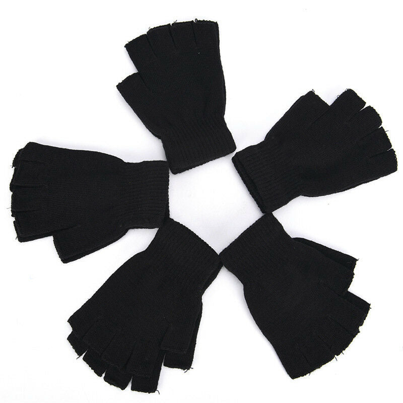 Men Black Knitted Stretch Elastic Warm Half Finger Fingerless Gloves Winter Z