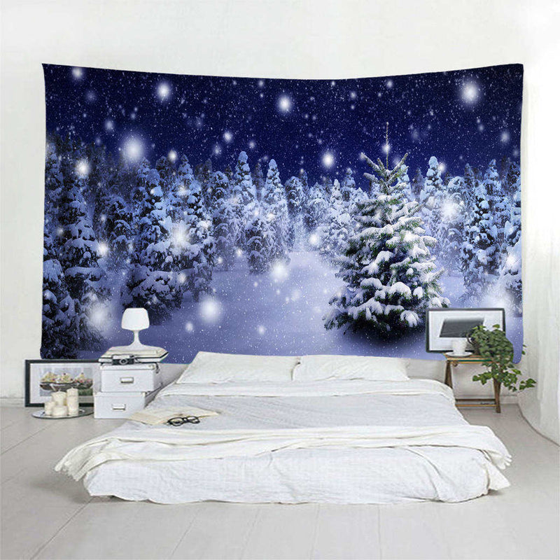 Christmas Tree Snowy Sky Wall Art Hanging Tapestry Dorm Bedspread Decor E
