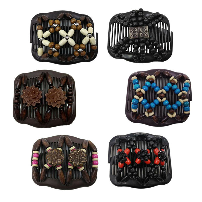 6Pcs  Wood Beads Double Hair Comb Clip Stretchy Hair Combs Ladies Party