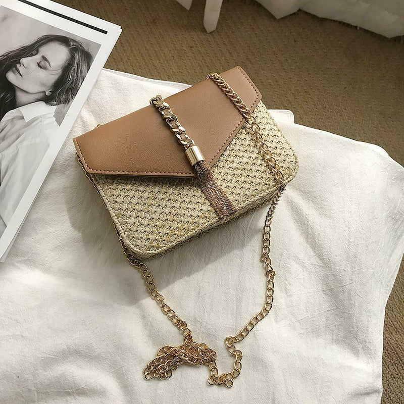 Straw Leather Women Messenger Bag Small Flap Shoulder Handbag (Light Brown)
