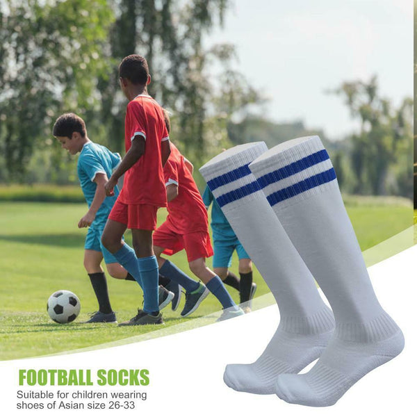 Child Sport Football Soccer Over Knee Kid Long Sock (White + Blue Stripe) A#S