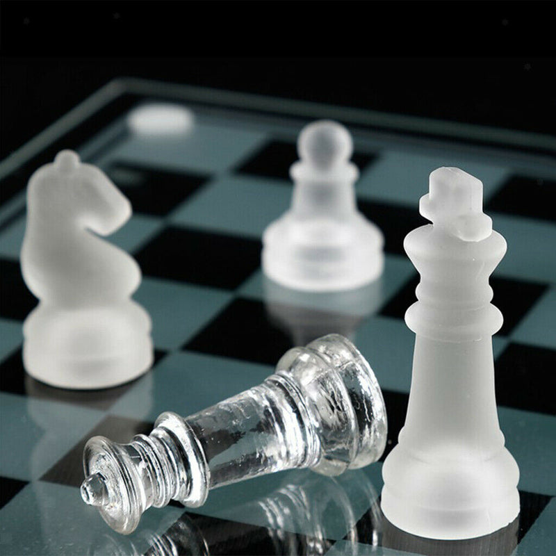 Glass Chessboard Glass Chess Set Board Game Hand Crafted w/ Bag Toys 20x20cm