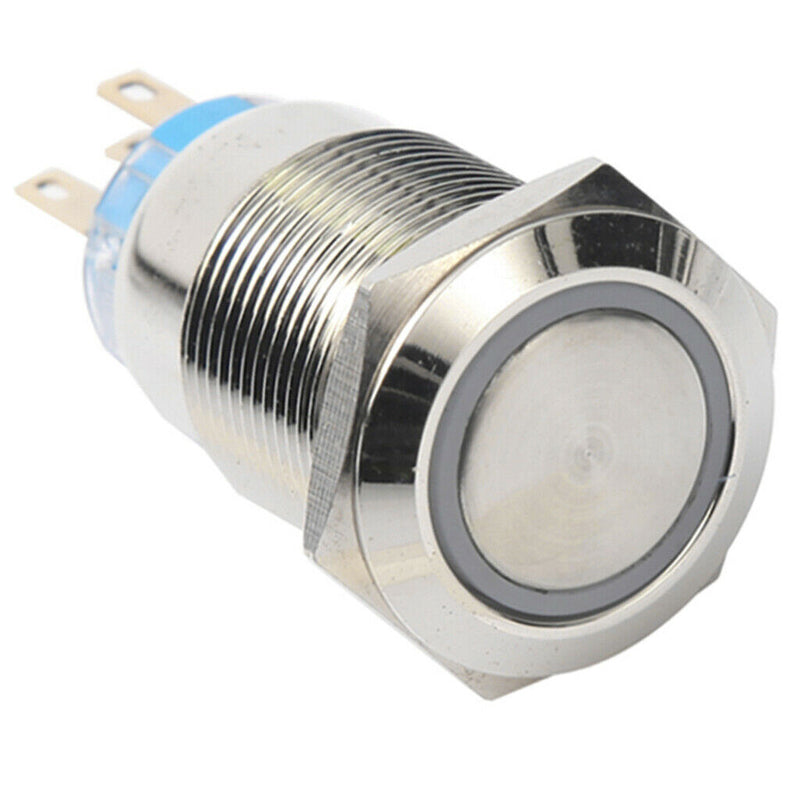 12V Stainless Steel Resetable Push Button Switch Blue Ring LED Light