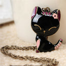 Retro Jewelry Black Drip Paint Smile Cat Pendant Necklace Long Necklace OZ