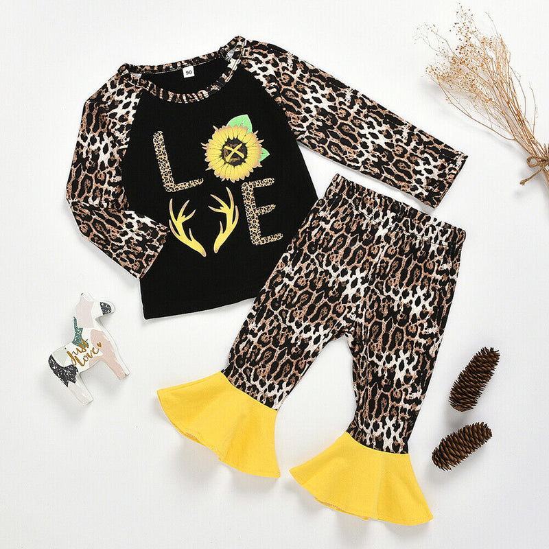 2pcs Kid Autumn Clothes Set Leopard Girls Jumper + Bell Bottom Pants (5-6T)