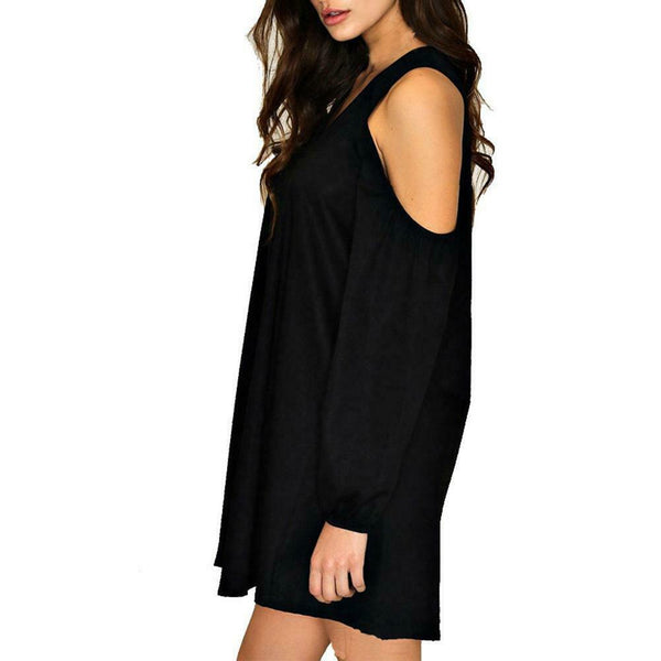 Summer Chiffon Fashion V-neck Women Dress Cold Sleeves Solid Dresses (L)
