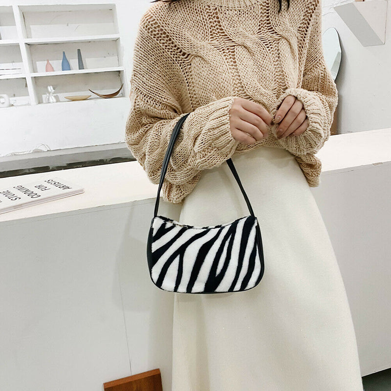 Women Plush Shoulder Underarm Bag Zebra Printed Fashion Winter Handbag (3)