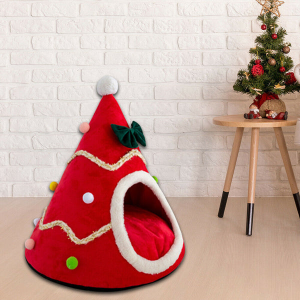 Christmas Tree Shape Dog Cat Bed House Home Warm Sleeping Bed Nest (Red)(M)
