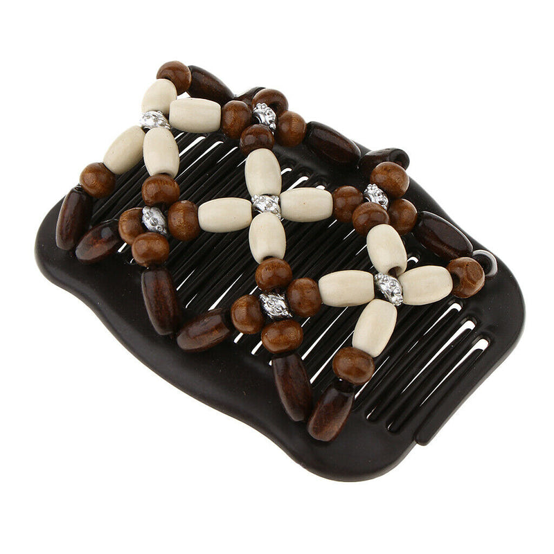 2 Pack Elastic Double Clips Hair Comb  Wooden Beads Stretching