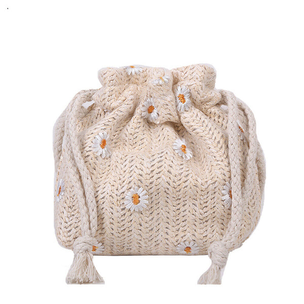 Women Woven Shoulder Handbag Drawstring Daisy Beach Crossbody Pouch (White) A#S