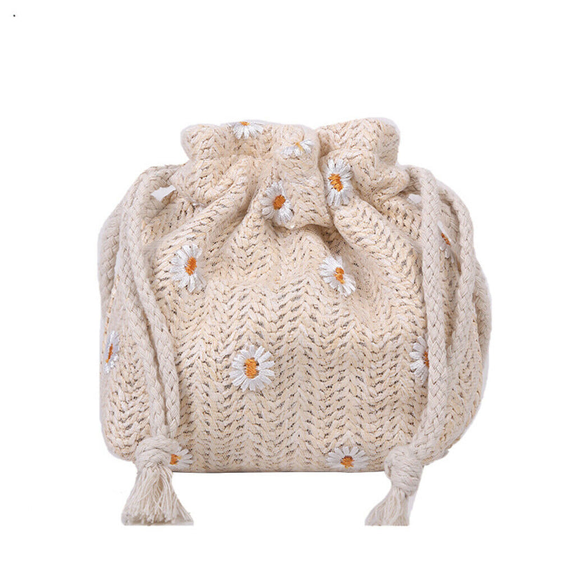 Women Woven Shoulder Handbag Drawstring Daisy Beach Crossbody Pouch (White) A