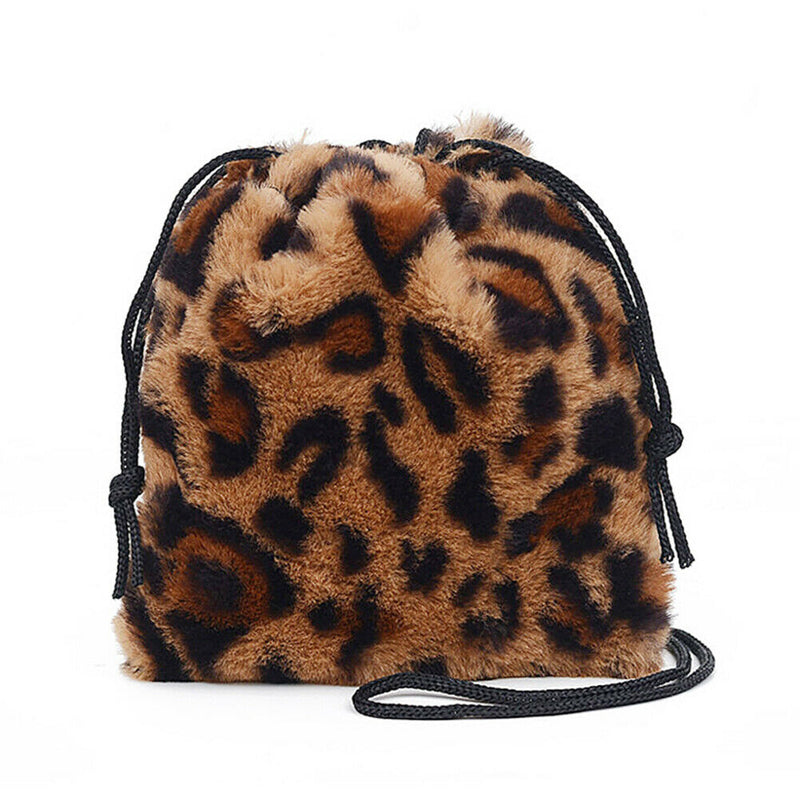 Women Plush Shoulder Crossbody Bag Mini Drawstring Clutch (Leopard Printed)