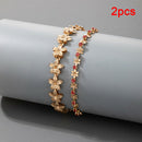 2pcs Pink Rhinestone Bracelets Set Women Boho Flower Geometric Metal Jewelry Ew