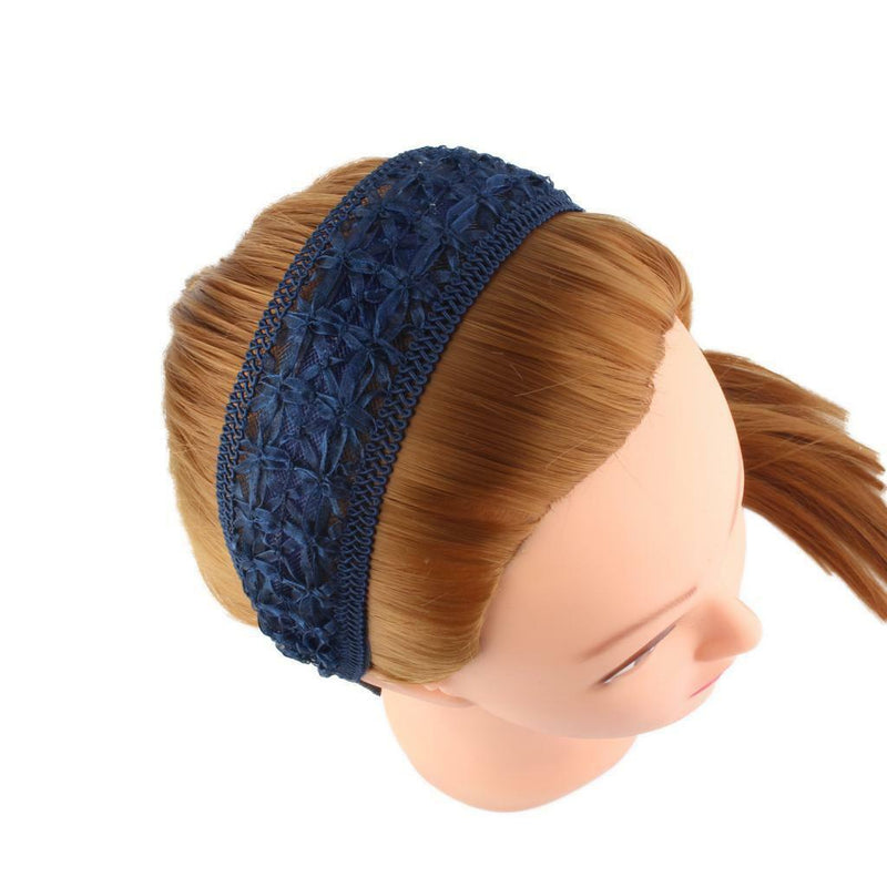 Blue Lace Floral Embroidery Wide Alice Band Headband Hairband for Women