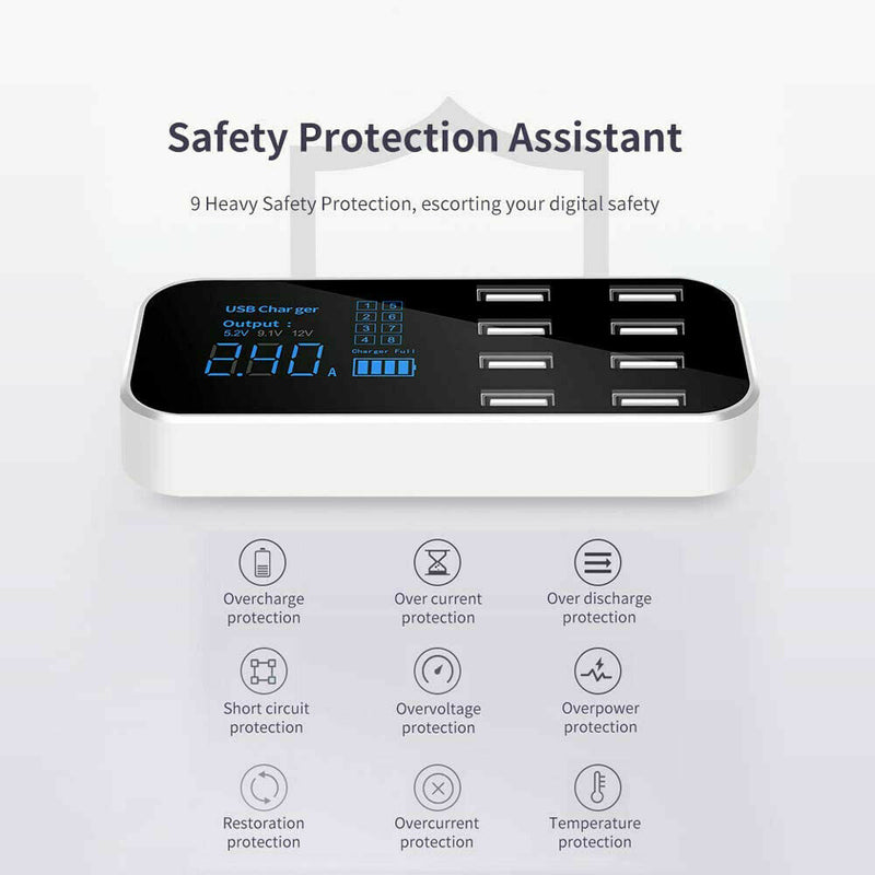 USB Fast Charging Station Hub Car 8-Port Desktop Wall Multi Charger LCD Display