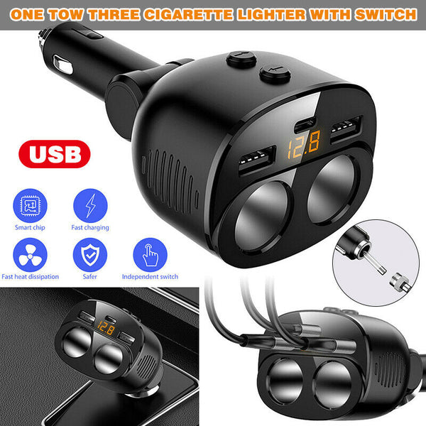 2 way Cigarette Lighter Socket Splitter Dual USB + PD Charger Car Power Adapter