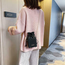 Elegant Leather Messenger Bag Women Shoulder Drawstring Handbag (Black)