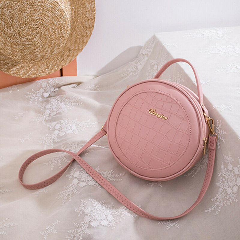 Women Round Shoulder Bag Alligator PU Circle Zip Crossbody Handbag (Pink)