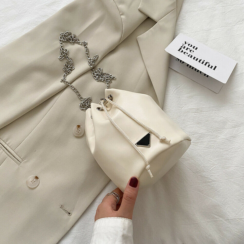 Drawstring Bucket Bag Women PU Chain Crossbody Shoulder Handbags (White)