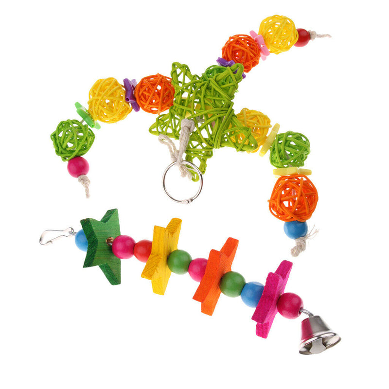 2 Pieces Hanging Parrot Chewing Toys with A Bell - Multicolored Wooden Blocks