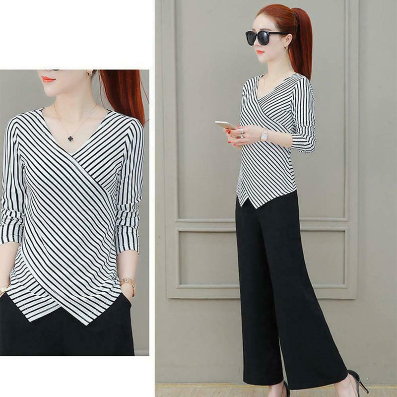 Fashion V-neck Striped Women Long Sleeves Blouse Cross Irregular Tops (XL)