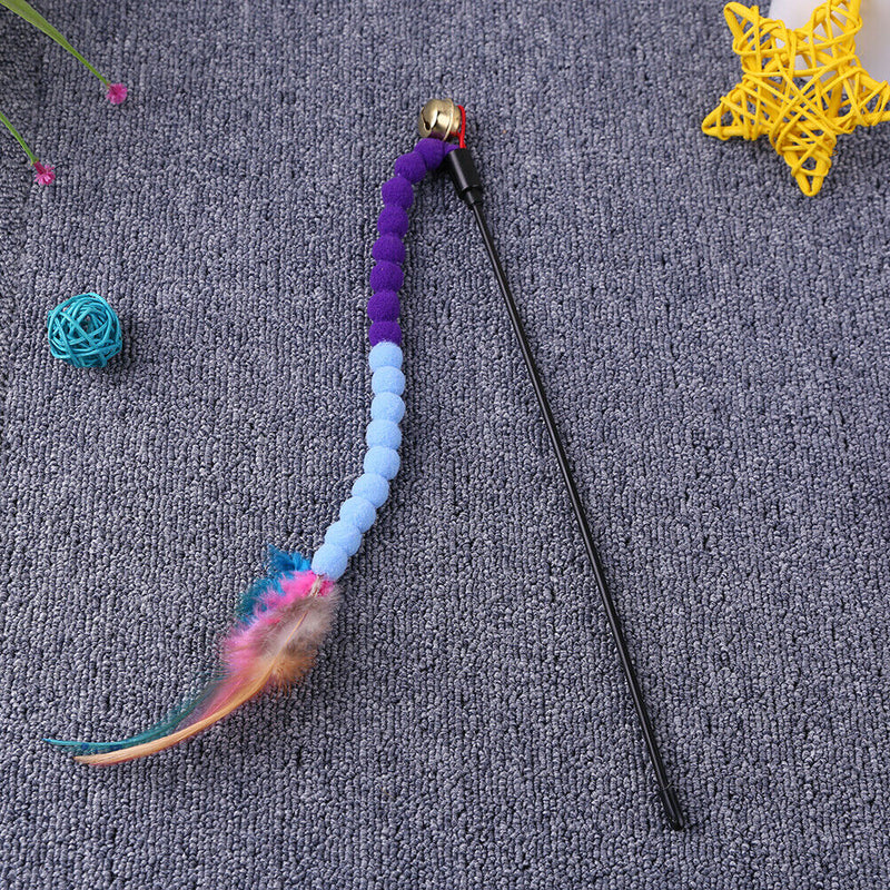 Cat Teasing Stick Colorful Pompom Feather Wand Fun Pet Teaser Rod Toys (04)