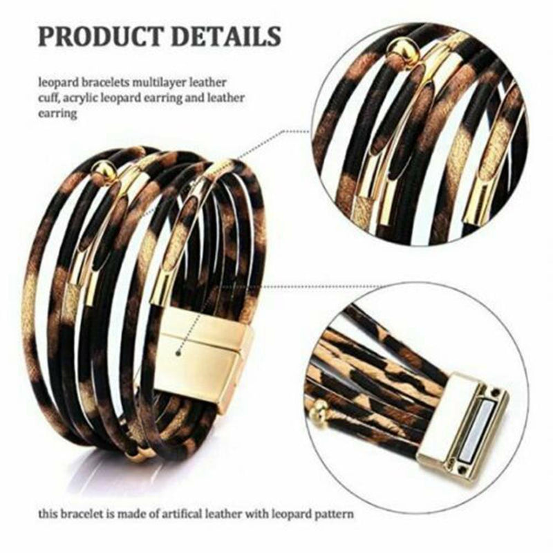 1 Set Fashion Charm Women Multilayer Leopard Leather Bracelet & Acrylic Earrings