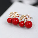 Fashion Women Red Cherry Rhinestone Ear Studs Beads Golden Alloy Leaves Earrings
