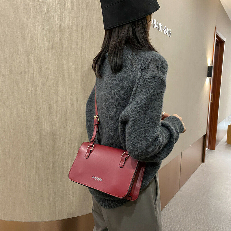 Retro Women Shoulder Bags Flap PU Leather Casual Solid Handbags (Wine Red)