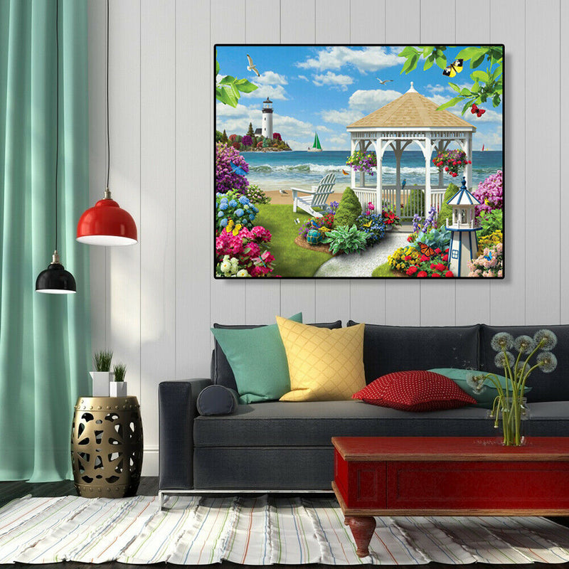 Painting By Numbers Kit DIY Seaside Pavilion Canvas Oil Art Picture Craft