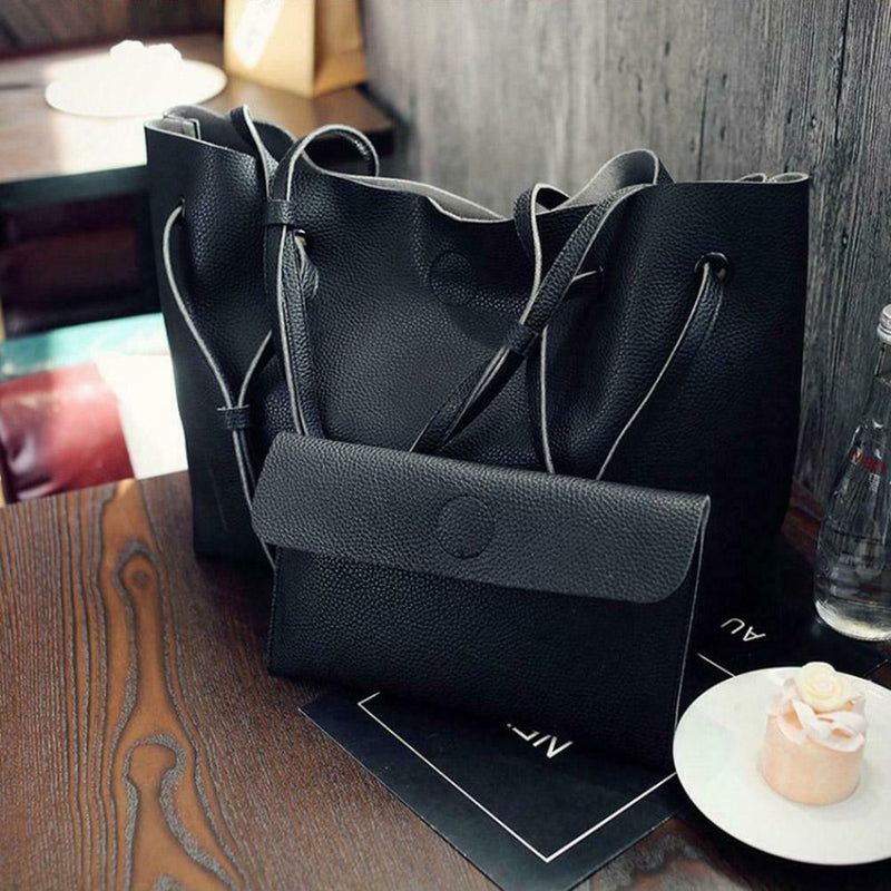 2pcs/set Women Handbag PU Clutch Sling Bag Shoulder Top-handle Bags (Black) A