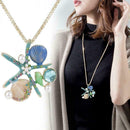 Colorful Blue Enamel Crystal Shell Conch Starfish Pendant Long Necklace Pre T5X2