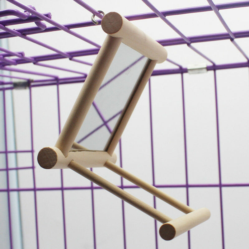 Bird Mirror & Perch Wooden Interactive Bird Toys Budgie Canary Cockatiel Finch F