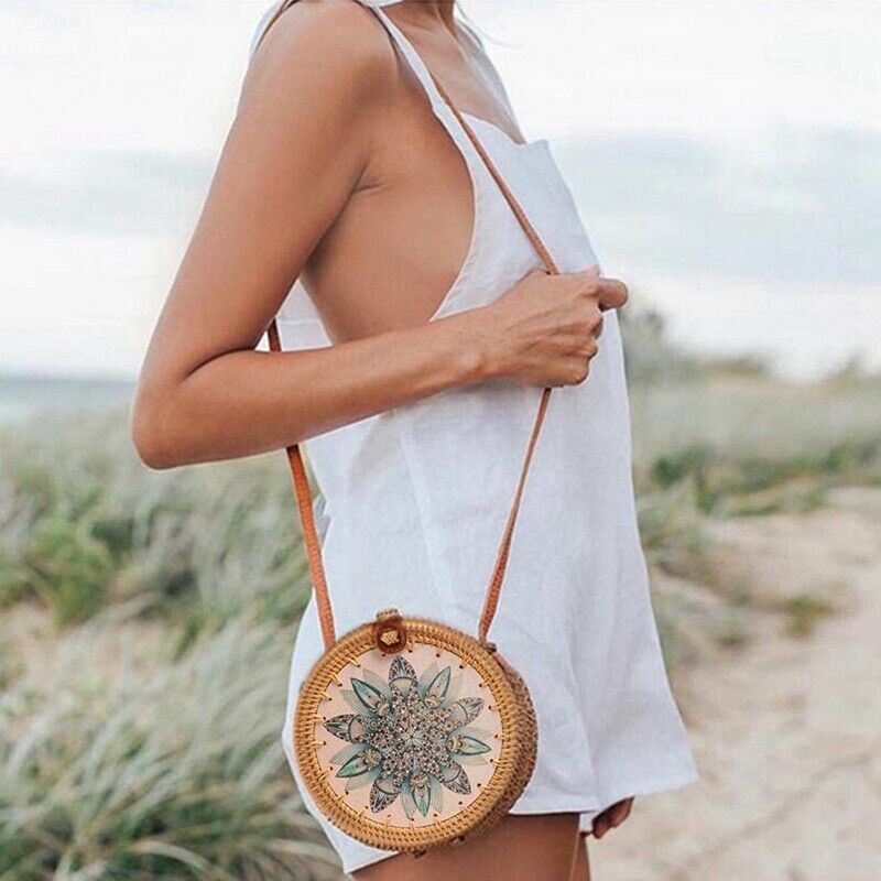 Rattan Bag Shoulder Bag Woven Woven Round Handbag Pouches Bags Crossbody Ba D2Z8