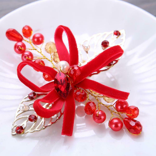 Women Red Crystal Leaf Hairpin Kids Girls Bride Wedding Bowknot Hair Clips A#S