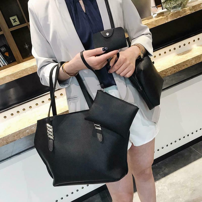 4pcs/set Solid Color Totes Women Leather Shoulder Card Bags Clutch (Black)