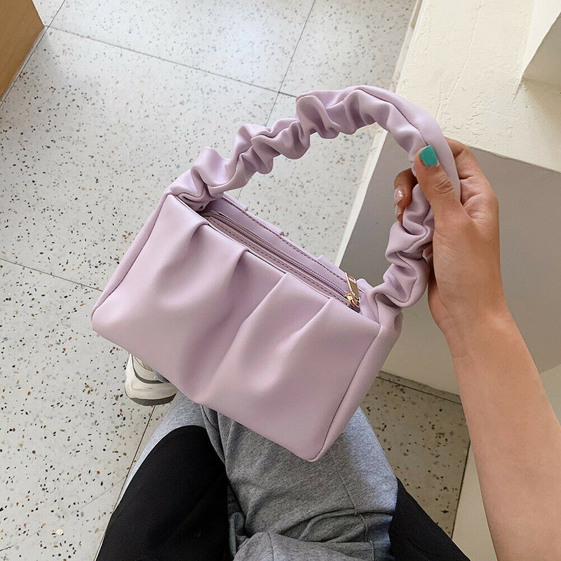 Women Candy Color Shoulder Bags Pleated Ruffle PU Totes Handbag (Purple)