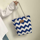 Women Striped Handbag Canvas Large Capacity Shopping Shoulder Bag (Blue) A