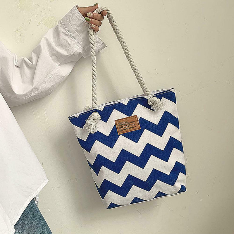 Women Striped Handbag Canvas Large Capacity Shopping Shoulder Bag (Blue) A