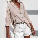Long Sleeve Blouse Women Turn Down Collar Plain Cardigan Tops (Khaki XL) A