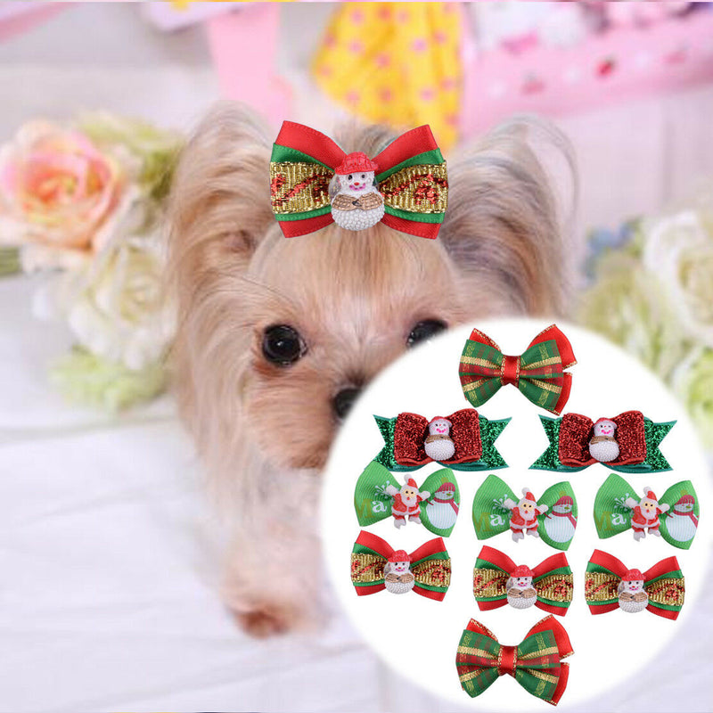 10pcs Handmade Dog Cat Santa Hair Bows Rubber Band Ties Pet Christmas Grooming