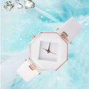 Elegant Women Watches Geometric PU Leather Quartz Dress Wristwatch (White) A
