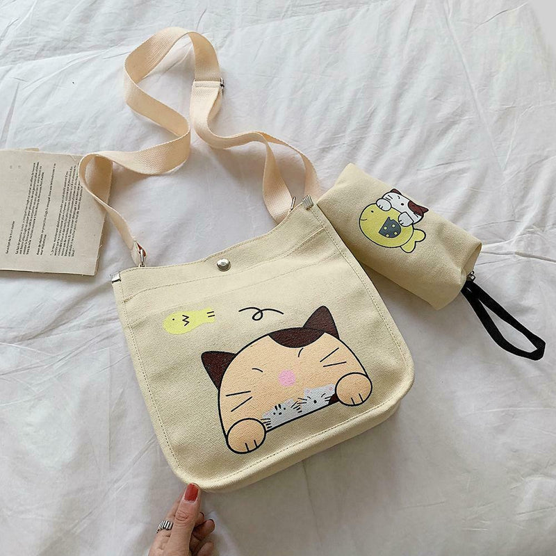 2pcs/set Women Canvas Cat Print Shoulder Crossbody Handbags Pen Bag (Beige)