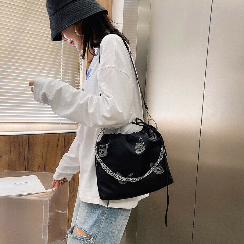 Luminous Butterfly Messenger Bag Women Drawstring Shoulder Handbag (Black)
