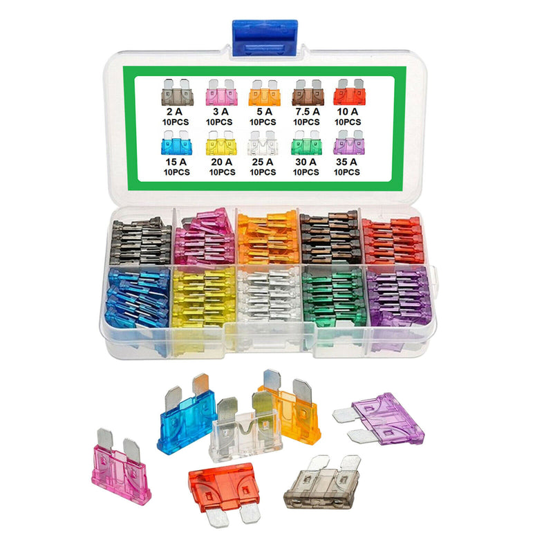 100pcs Parts Auto Fuses 2 3 5 7.5 10 15 20 25 30 35A Assorted Set