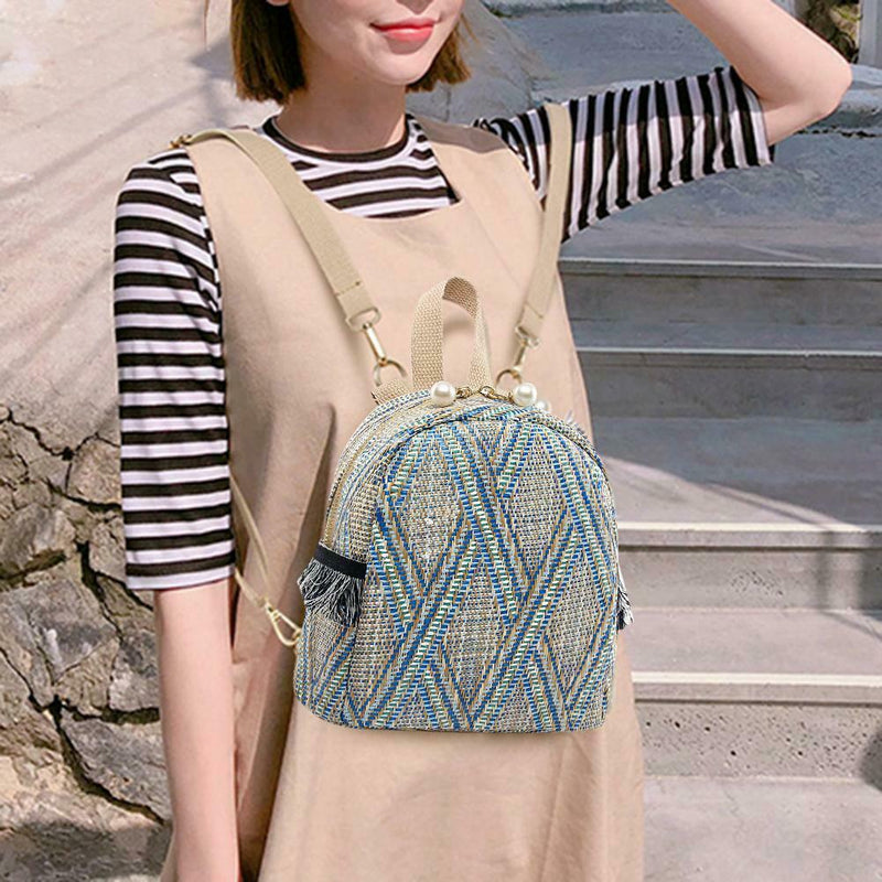 Straw Woven Small Backpacks Women Stripe Print Shoulder School Bags (Blue)